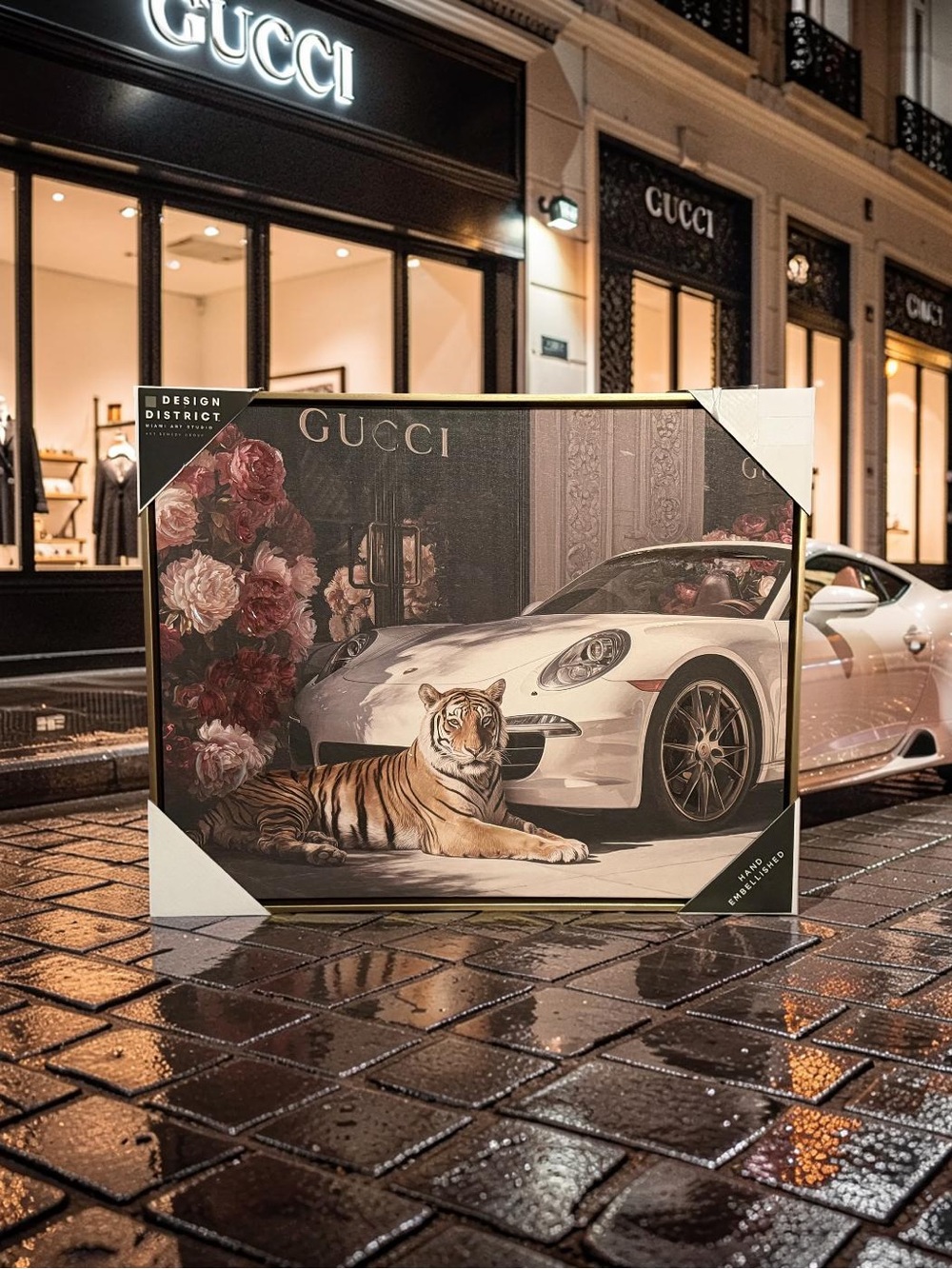 Design District. NWT Stunning Gucci Tiger & White Sports Car Framed Art Print - Picture 2 of 8